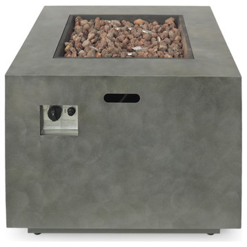 GDF Studio Jasmine Outdoor Dark Gray Finish Iron 33" Square Fire Pit, 50,000 BTU, Concrete Finish