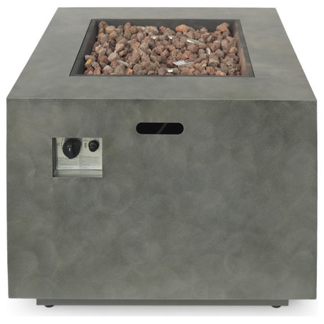 GDF Studio Jasmine Outdoor Dark Gray Finish Iron 33" Square Fire Pit, 50,000 BTU, Concrete Finish