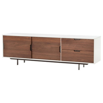 Modern White Large Media Console with Sliding Doors 82"