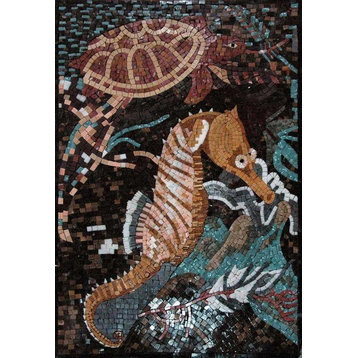 Seahorse Seaturtle Mosaic Stone Art, 16"x24"