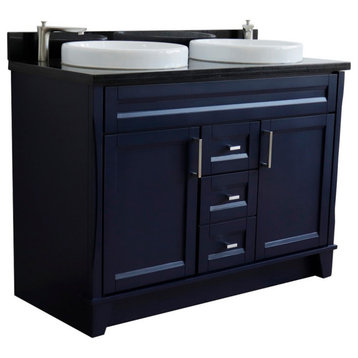 48" Double Sink Vanity, Blue Finish With Black Galaxy Granite And Round Sink