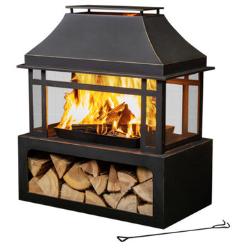 40" Rectangular Outdoor Metal Woodburning Fireplace, Log Storage