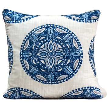Designer Pillow Cover, Blue and White Ikat Design, 24"x24"