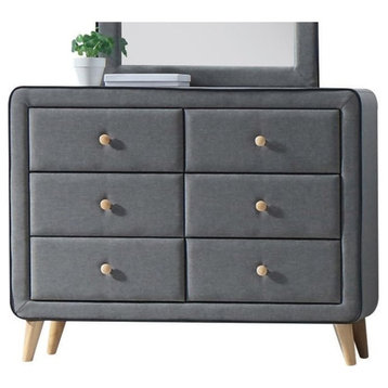 Benzara BM185688 Wood and Fabric Upholstery Dresser with 6 Drawers, Gray