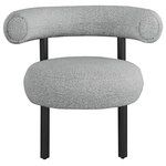 Meridian Furniture - Bordeaux Boucle Fabric Upholstered Accent Chair, Grey, Matte Black Finish - Get comfortable in this Bordeaux boucle fabric accent chair. This curvy chair features a back that hugs and provides support to your back while you hang out and get cozy. The soft grey boucle fabric is soft to the touch, providing a welcoming spot for you to relax and unwind. A black matte finish on the iron legs gives this chair a touch of modish charm.