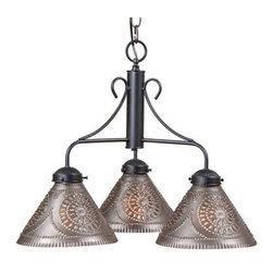Handmade In Pennsylvania - Rustic Iron With Kettle Black Punched Tin Shades Island Bar Light - Kitchen Island Lighting
