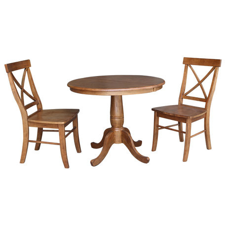 36" Round Extension Dining Table With X-back Chairs, Distressed Oak, 3 Piece