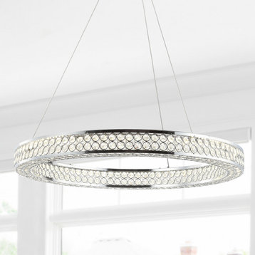 Benton 24.7" Round LED Crystal, Metal Chandelier, Chrome, Clear