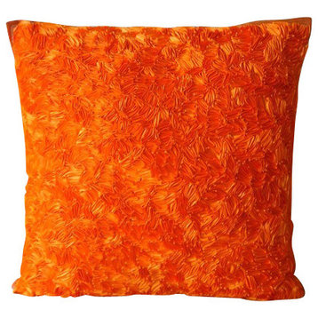 Ribbon Scroll Orange Accent Pillows, 22"x22" Silk Pillowcase, Orange Peel