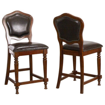 Upholstered Barstools With Backs, Distressed Cherry Brown Wood, Set of 2