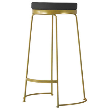 Modern Black Bar Height Stool PU Leather Upholstered (Set of 2) with Round Seat