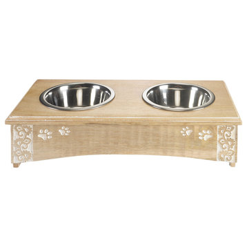 Handmade Floral and Paws Engraved Mango Wood Elevated Double Pet Feeder