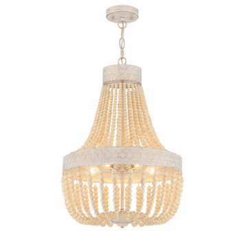 5 Light Unique Empire or Tiered Chandelier, Beaded Accents, White/Gold, 22.4"H