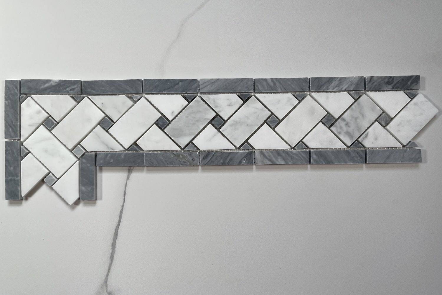 Carrara Venato Marble Basketweave Mosaic Border Dark Gray Dots Honed, 1 sheet