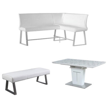 Home Square 3-Piece Set with Reversible Nook & Bench & Dining Table in White