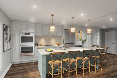 Example of a minimalist single-wall kitchen design in DC Metro with a farmhouse sink, stainless steel appliances and an island