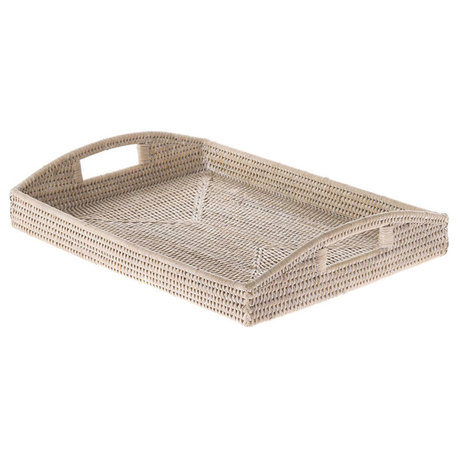 La Jolla Rattan Rectangular Serving Tray, White-Wash