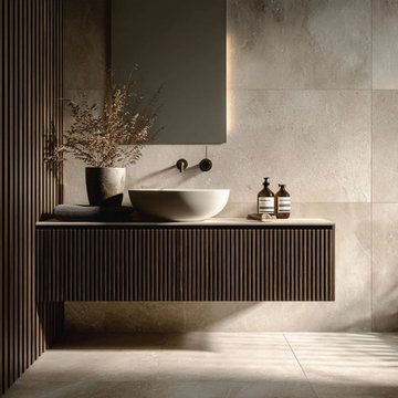 Slatted Oak Floating Vanity: Modern Spa Bathroom Cabinet, Custom Size