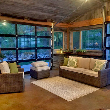 Horizontal reclaimed wood walls and ceiling.