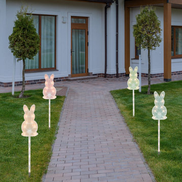 4ct Plaid Pastel Bunny Easter Pathway Marker Lawn Stakes, Clear Lights