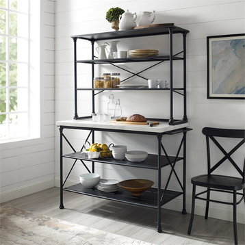 Pemberly Row 2-Piece Metal/Faux Marble Bakers Rack in Matte Black/White