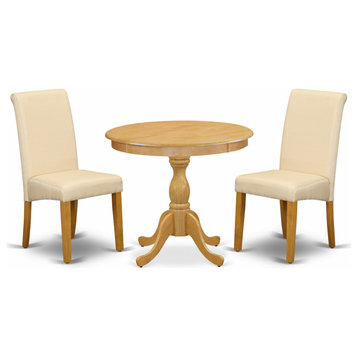 3 Pc Dining Set, 1 Pedestal Table, 2 Light Beige Chairs, High Back, Oak Finish