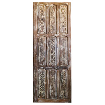 Consigned Carved Sliding Door, Limewash Vintage Artistic Rustic Indian  Door