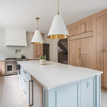 Scandinavian Kitchen with Light Oak Cabinets and Quartzite Island