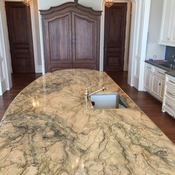 Book Matched Island and Soapstone Backsplash - Kitchen Countertops
