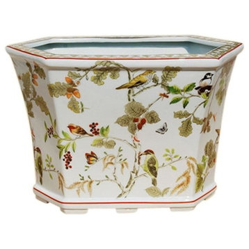 Beautiful Oriental Floral and Bird Motif Hexagonal Porcelain Pot