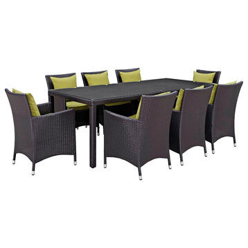 Modern Urban Outdoor Patio 9-Piece Dining Chairs and Table Set, Green, Rattan