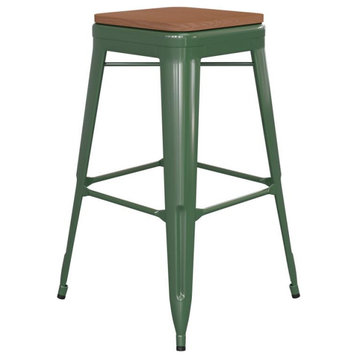 30" Green Stool-Teak Seat