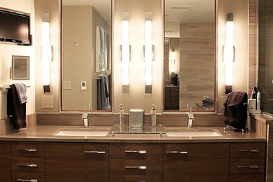 Design ideas for a large contemporary master bathroom in Denver with beige walls and beige floor.