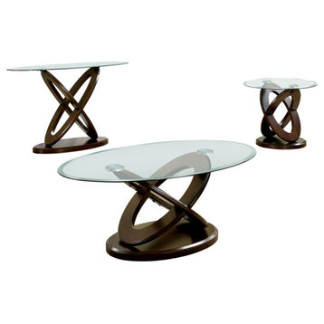 Darbunic Contemporary 3-Piece Glass Top Coffee Table Set in Dark Walnut