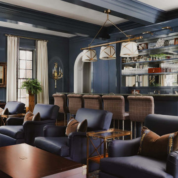 Home bar lounge with dark navy blue high gloss lacquered walls
