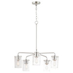 Maxim - Sleek Five Light Chandelier - Cylinders in Clear Seeded glass on simple Satin Nickel frames or matte Black frames with Antiqued Brass socket covers. Pivoting arms on chandelier allow it to direct light up or down. Use filament lamps either tubular or Edison in shape for a Coastal or Industrial look or use a traditional A19 to create a more transitional look. A full range of affordable lighting for the kitchen dining room bathroom or bedroom that easily complements fashionable finishes and lasting styles.