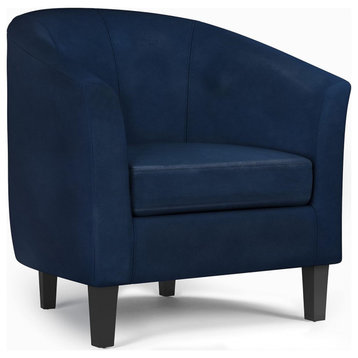 Contemporary Accent Chair, Curved Design With Faux Leather Seat, Dark Blue