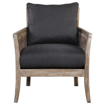 Rustic Exposed Wood Cane Side Arm Chair, Dark Gray Black Comfy