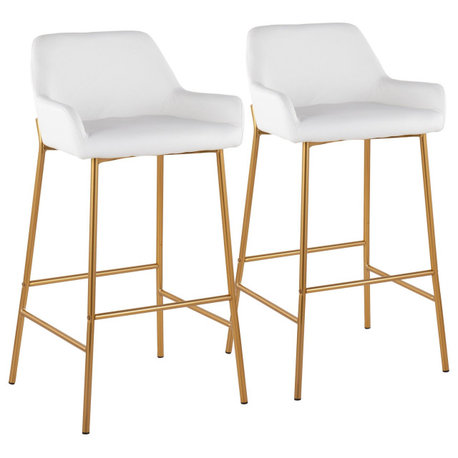 Daniella Fixed-Height Bar Stool, Set of 2, Gold Metal, White PU