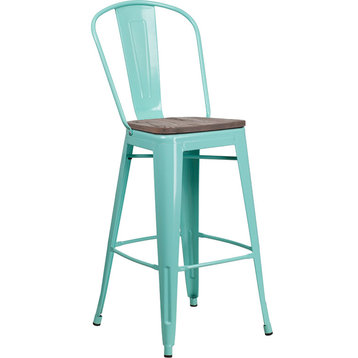 30" High Mint Green Metal Barstool With Back and Wood Seat