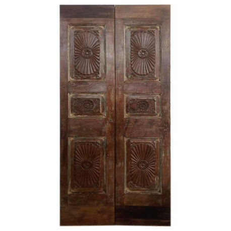 Consigned Pair Of Carved Teak Wood Sliding Barn Door Pantry Closet Door