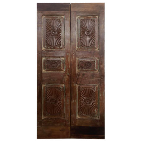 Consigned Pair Of Carved Teak Wood Sliding Barn Door Farmhouse Pantry Door 80x21