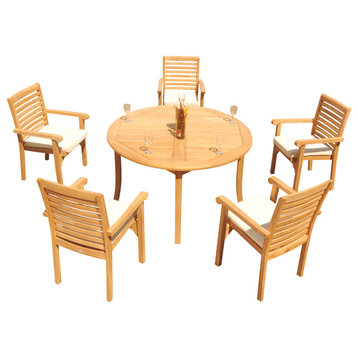 6-Piece Outdoor Teak Dining Set: 52" Round Table, 5 Hari Stacking Arm Chairs