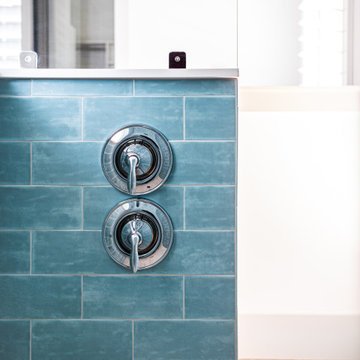 Custom Shower Controls with Blue Tile Accent Wall