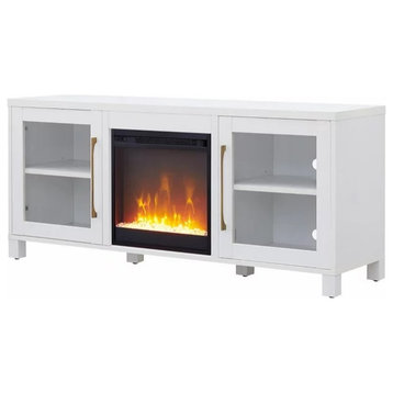 Classic TV Stand, Glass Panel Cabinet Doors and Center Fireplace, White