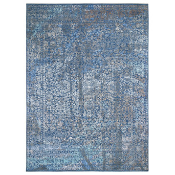 Blue Abstract Design Wool And Silk Hand Knotted Oriental Rug, 9'0" x 12'0"