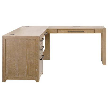 Modern Wood L-Shape Pedestal Desk With Right Facing Open Return, Light Brown