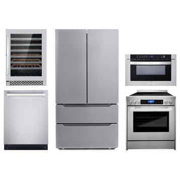 5PC, 24" Microwave 30" Range 24" Dishwasher, Refrigerator & Wine Refrigerator