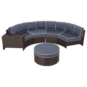 Outdoor 4-Seat Wicker Curved Set With Ottoman, Navy, Round Ottoman