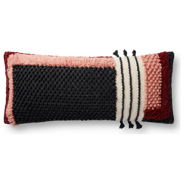Black 13"x35" Color Blocking Over-scaled Chainstitched Pillow With Tassels